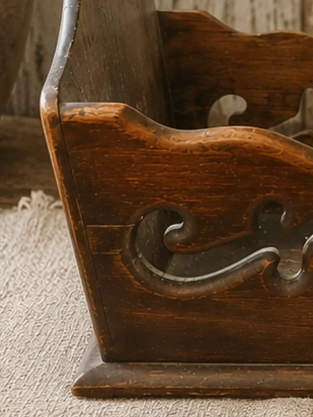Vintage Primitive Handmade Wooden Basket With Intricate Cut-Out Details